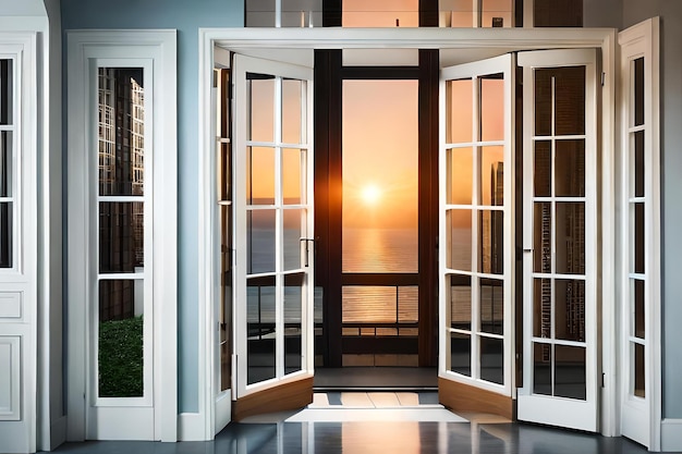 Una vista del atardecer desde una habitación con puerta y vista al mar.