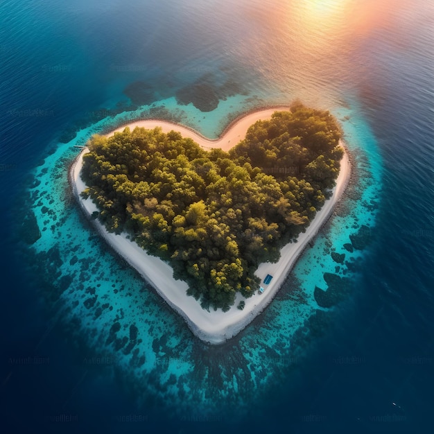 Vista del atardecer de una isla tropical en forma de corazón Vista aérea Concepto de viaje Concepto de día de amor de San Valentín Luna de miel IA generativa