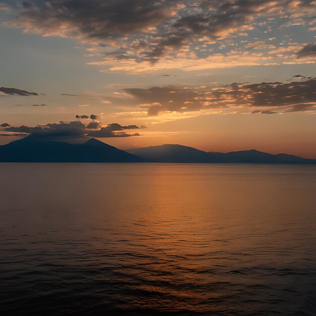 una vista del atardecer de un lago con una montaña en el fondo