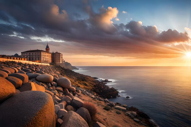 Una vista del atardecer del mar y las rocas.