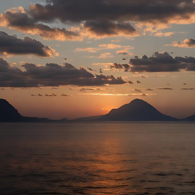 Foto una vista del atardecer de las montañas y el océano con un barco en primer plano