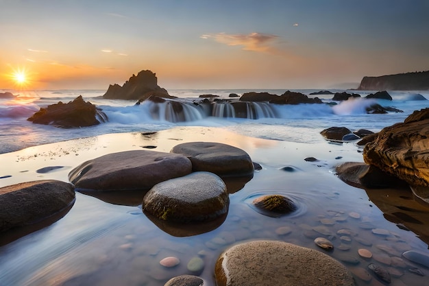 Una vista del atardecer del océano con una cascada al fondo.