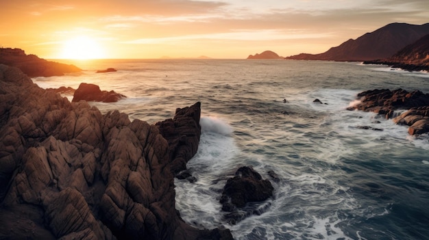 una vista del atardecer del océano con un surfista en la distancia.