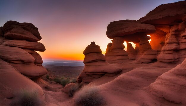 una vista del atardecer de un paisaje desértico con rocas y puesta de sol