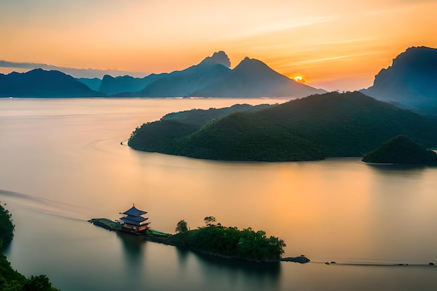 Una vista del atardecer de una pequeña isla con una pequeña pagoda en la isla.