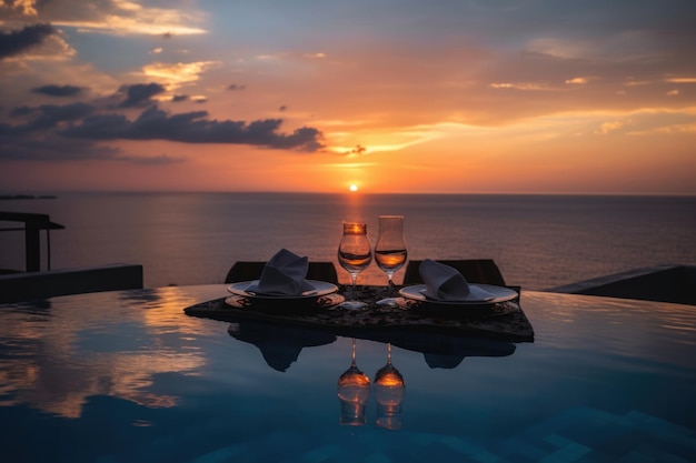 Una vista del atardecer desde la piscina con vasos y servilletas sobre una mesa IA generativa