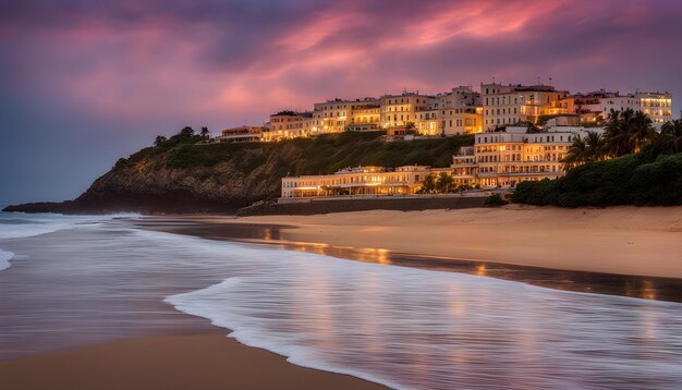 Foto una vista del atardecer de la playa y las casas