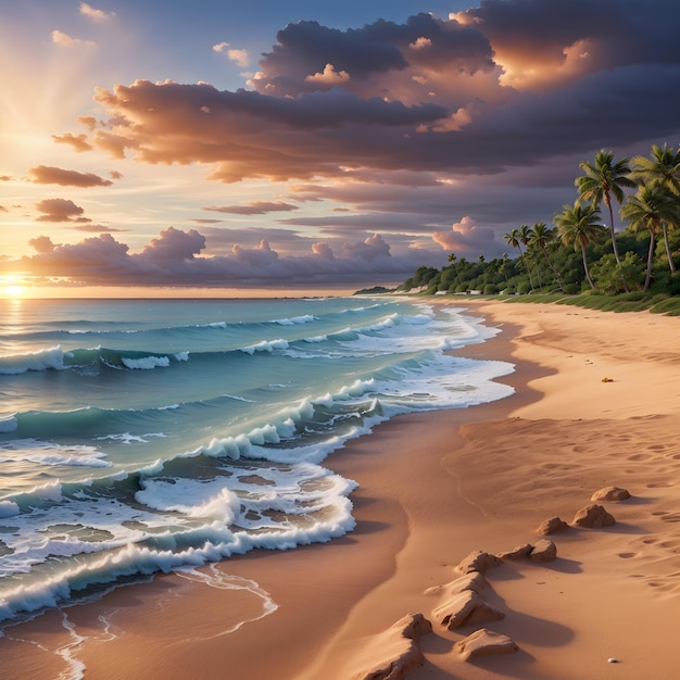 una vista del atardecer de una playa con palmeras y un cielo nublado generado por ai