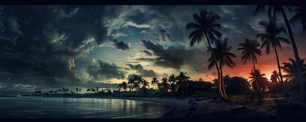 Foto una vista del atardecer de una playa con palmeras y una escena de playa