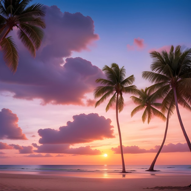 Una vista del atardecer de una playa con palmeras y una nube generada por ai