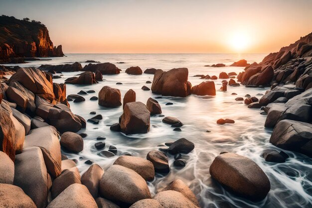 una vista del atardecer de las rocas y el océano