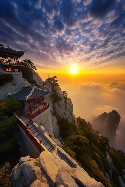 Una vista del atardecer de un templo en la montaña