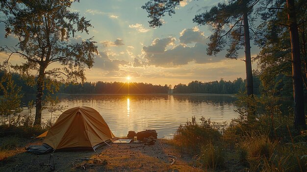 vista del atardecer con tienda junto al lago en un paisaje de ensueño