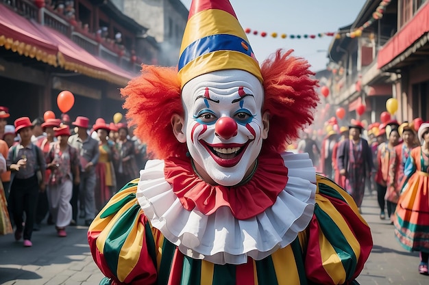 La vista del aterrador payaso corriendo un Joker en la celebración de los desfiles de Mardi Gras