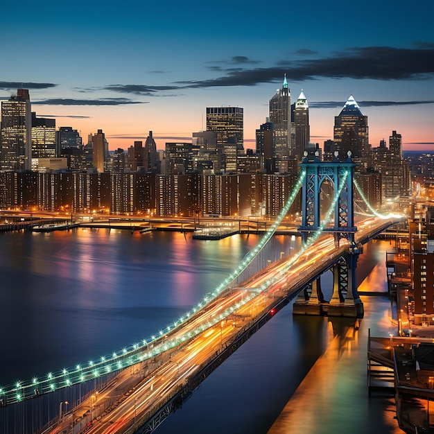 Vista desde el ático moderno en el puente de Manhattan es un puente sobre el East River en la noche de Nueva York