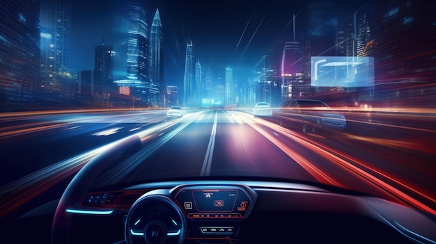 Vista atrás do volante e do painel de um carro futurista moderno generativo AI
