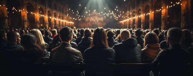 Foto vista desde atrás de espectadores no identificados en la sala de conferencias