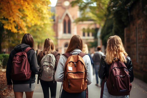 Foto vista de atrás de los estudiantes universitarios con mochilas