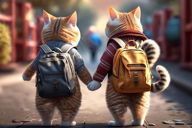 Foto vista de atrás de los gatos que van a la escuela con mochilas generativa ai