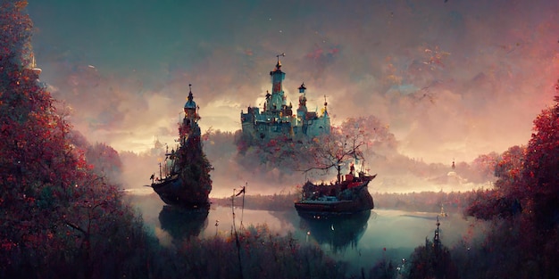 Vista através de uma bela floresta encantadora de conto de fadas para um castelo e um veleiro, renderização em 3d.