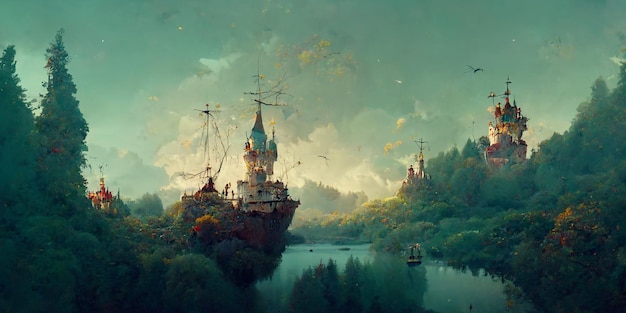 Vista através de uma bela floresta encantadora de conto de fadas para um castelo e um veleiro, renderização em 3d.
