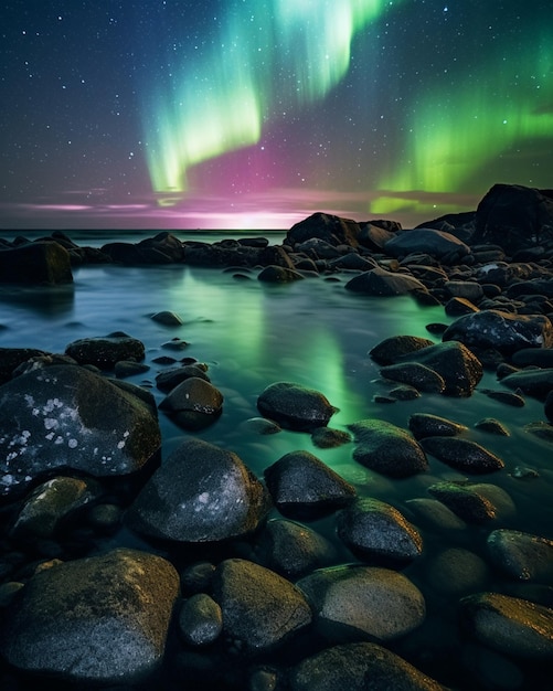 Una vista de la aurora boreal desde las rocas