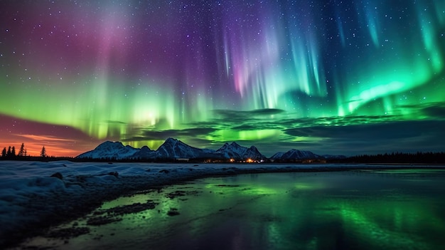 Una vista de la aurora boreal sobre un lago