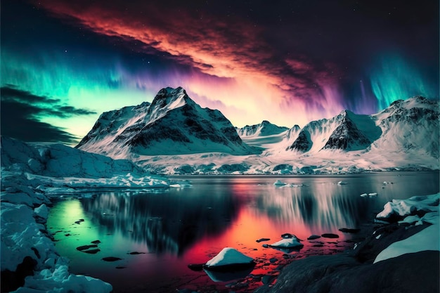 Vista de la aurora boreal sobre montañas heladas y nieve, lago ártico, temporada de invierno