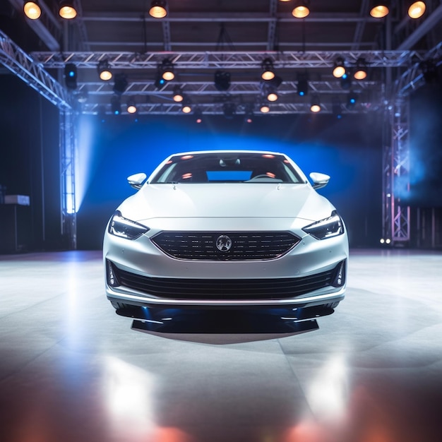 Vista de un automóvil genérico y de marca menos moderno en el fondo del escenario de presentación