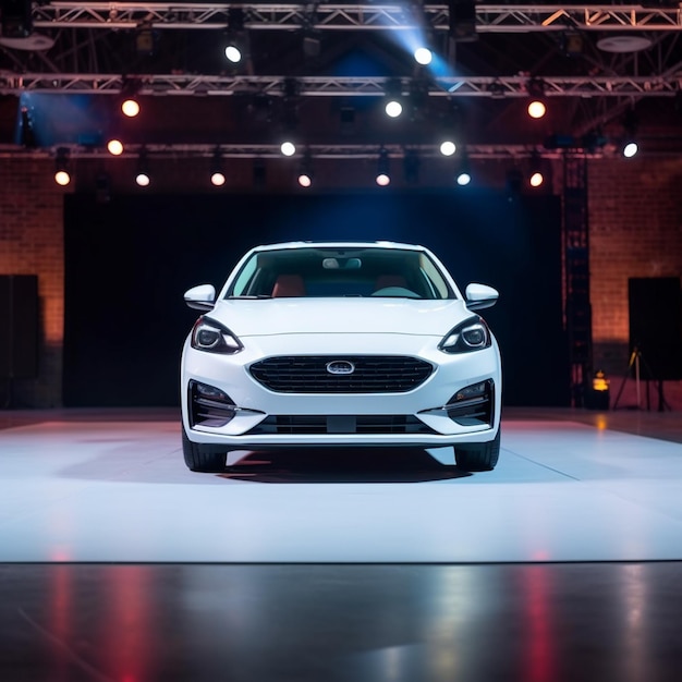 Vista de un automóvil genérico y de marca menos moderno en el fondo del escenario de presentación