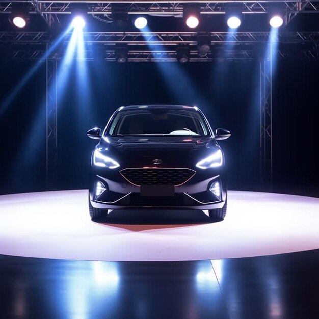 Vista de un automóvil genérico y de marca menos moderno en el fondo del escenario de presentación