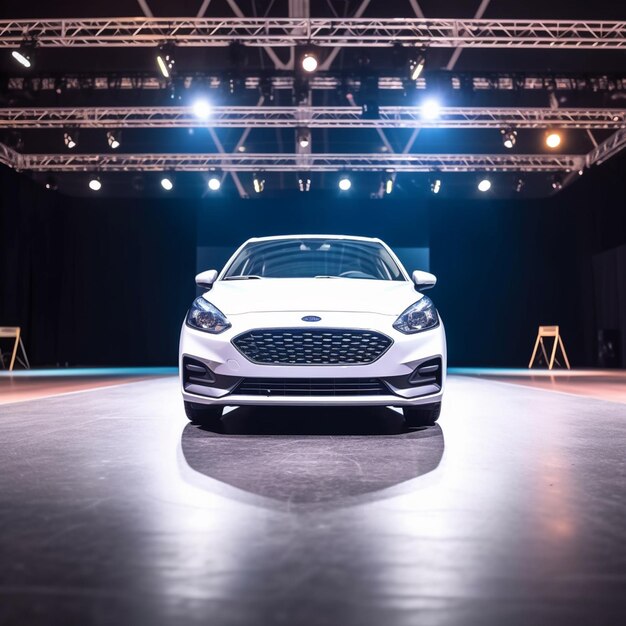 Vista de un automóvil genérico y de marca menos moderno en el fondo del escenario de presentación