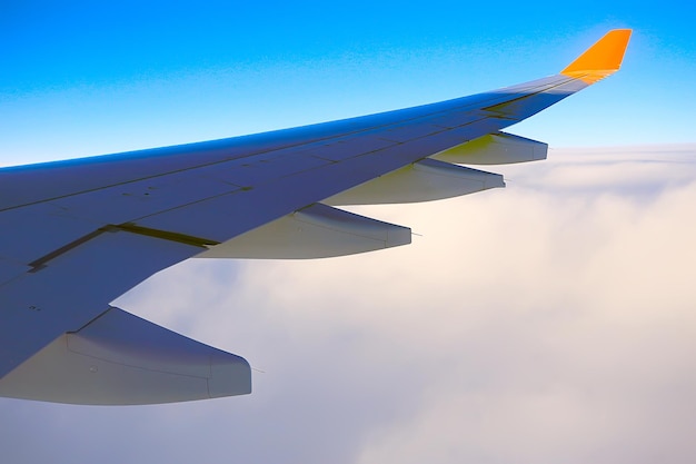 Vista de avión de ala de cielo / cielo azul y ala de un avión, vista desde la cabina de un avión, concepto de transporte aéreo