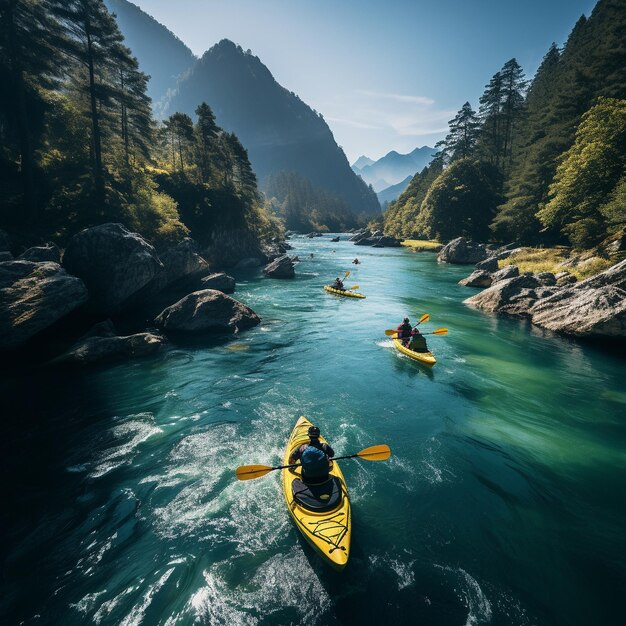 Foto una vista de un avión no tripulado de kayakistas explorando un río remoto