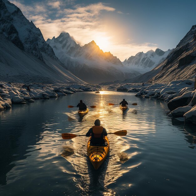 Una vista de un avión no tripulado de kayakistas explorando un río remoto