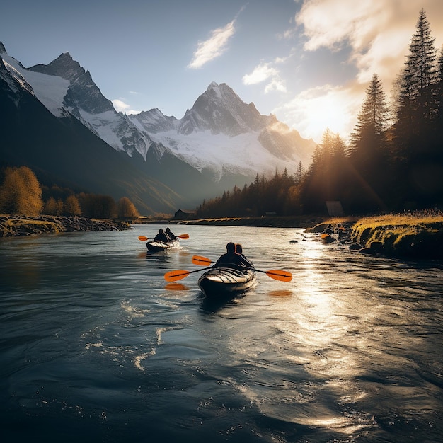 Una vista de un avión no tripulado de kayakistas explorando un río remoto