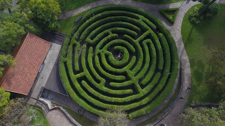 vista de un avión no tripulado de un laberinto verde