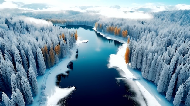 Vista desde un avión no tripulado del paisaje invernal con bosque de pinos cubierto de nieve y lago de montaña Árbol de abeto nevado en un paisaje natural de belleza desde arriba Fondo de tarjetas de felicitación de Navidad y Año Nuevo
