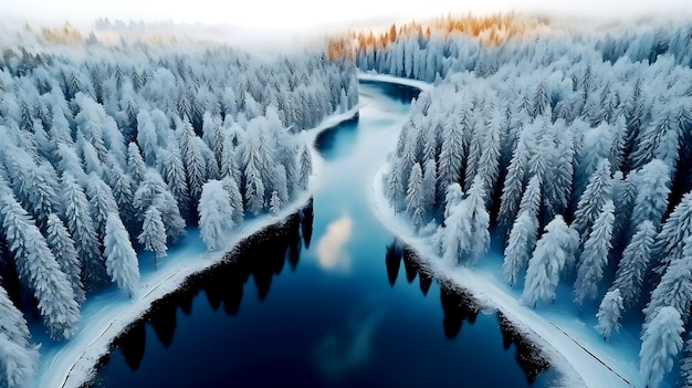 Vista desde un avión no tripulado del paisaje invernal con bosque de pinos cubierto de nieve y lago de montaña Árbol de abeto nevado en un paisaje natural de belleza desde arriba Fondo de tarjetas de felicitación de Navidad y Año Nuevo