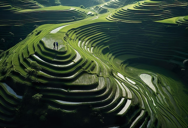 Vista desde un avión no tripulado sobre campos de arroz gigantes en China