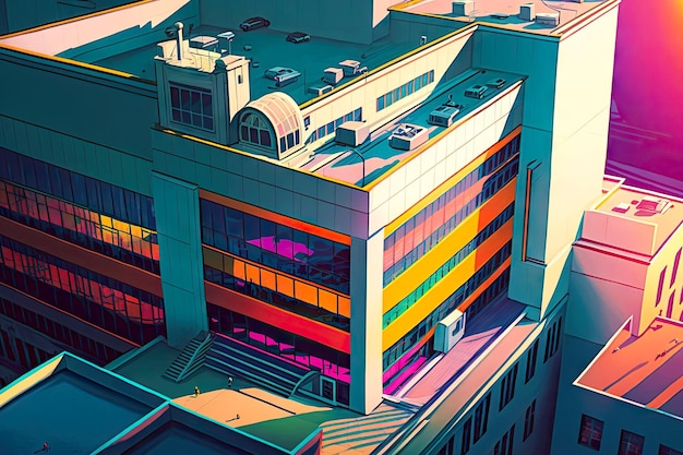 Vista de la azotea de la ciudad de un gran edificio de oficinas multicolor en una tarde soleada