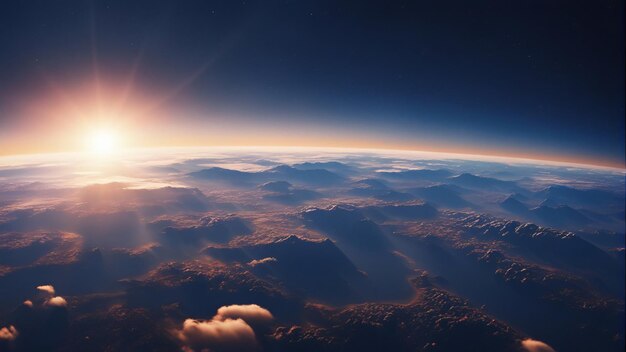 Vista azul del amanecer de la Tierra desde el espacio generada por IA