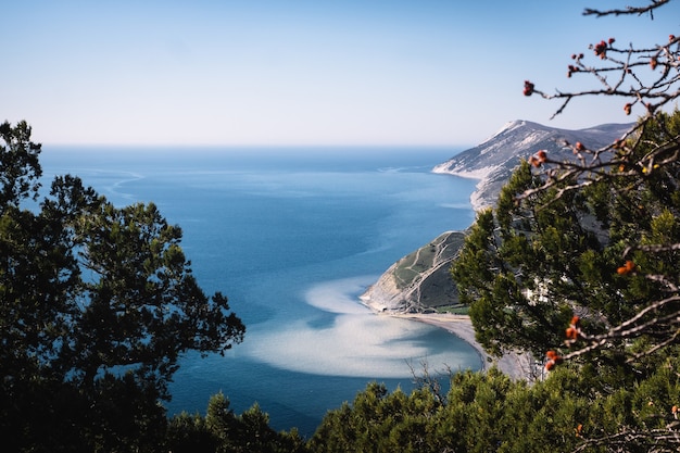 Vista del azul del Mar Negro desde el monte Soldatskaya en la aldea de Sukko, Territorio de Krasnodar. El área de agua al pie de las montañas del Cáucaso. Ver a través de un bosque de enebros de montaña