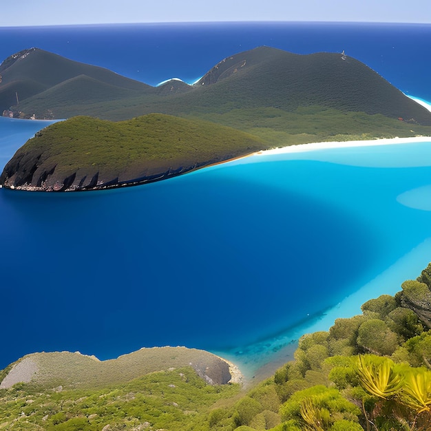 Una vista de una bahía con árboles verdes y agua azul.