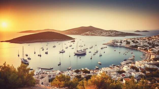 Una vista de una bahía con barcos en primer plano y una puesta de sol en el fondo