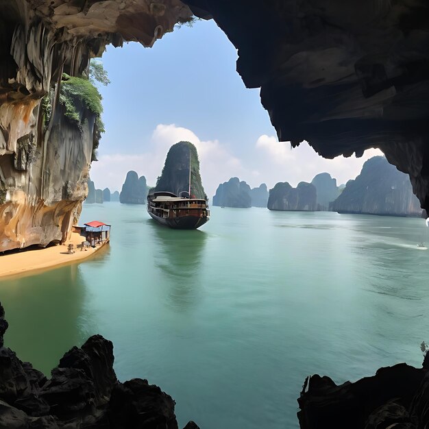 Vista de la bahía de Ha Long desde el interior de la cueva generada por la IA