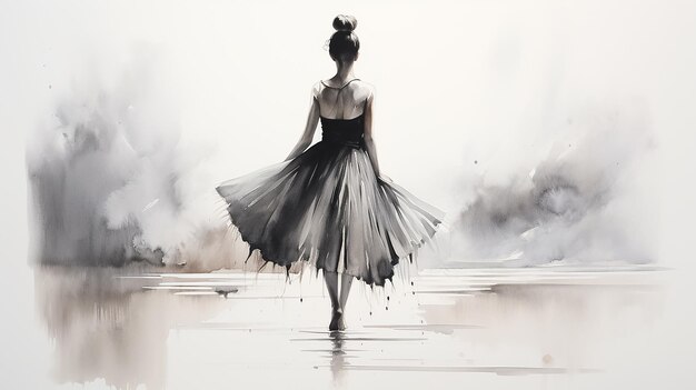 vista de bailarina desde atrás dibujo a lápiz sobre fondo blanco dibujo en blanco y negro