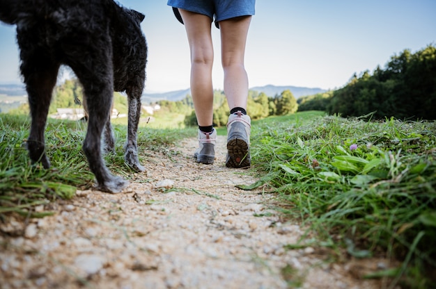 Vista baixa ângulo, de, um, mulher caminhando sapatos, ligado, trilha