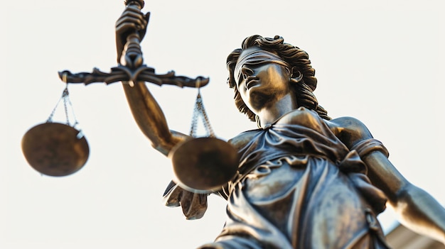 Foto vista baja blanca de la estatua de lady justice que representa la imparcialidad en el sistema legal