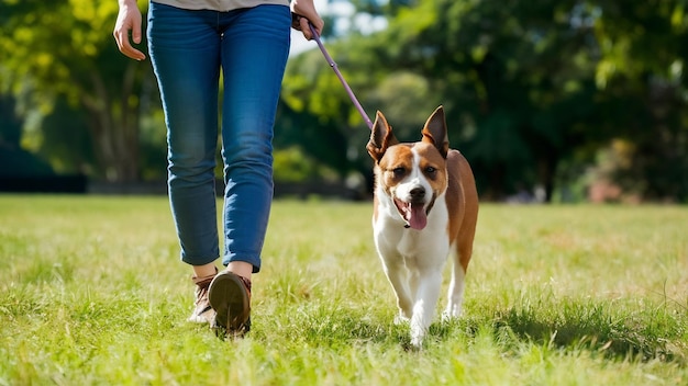 Vista en baja sección de una mujer caminando con su perro en el parque